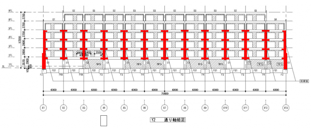 耐震補強箇所（バルコニー側立面図）１号棟